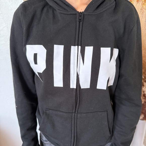 preowned, PINK black zippered hoodie, size small - Picture 1 of 2